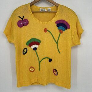 80s Artsy Teacher Sweater Yellow‎ Embroidered Leslie Fay Knit Top Women’s Large